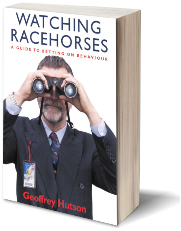 Book cover showing a bearded gentleman with slicked back hair and a dark blazer and tie watching racehorses through binoculars