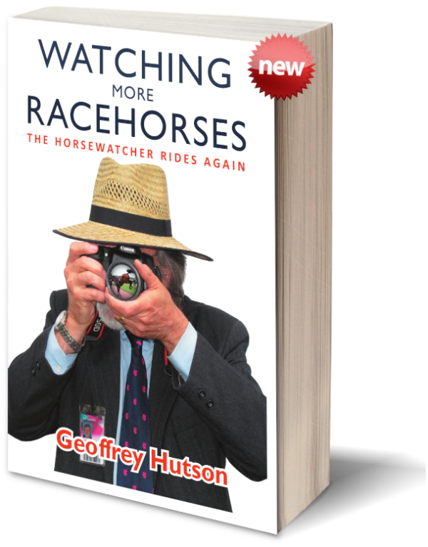 Book cover for Watching Racehorses showing a bearded gentleman in a straw hat and blazer taking a photograph of a horse